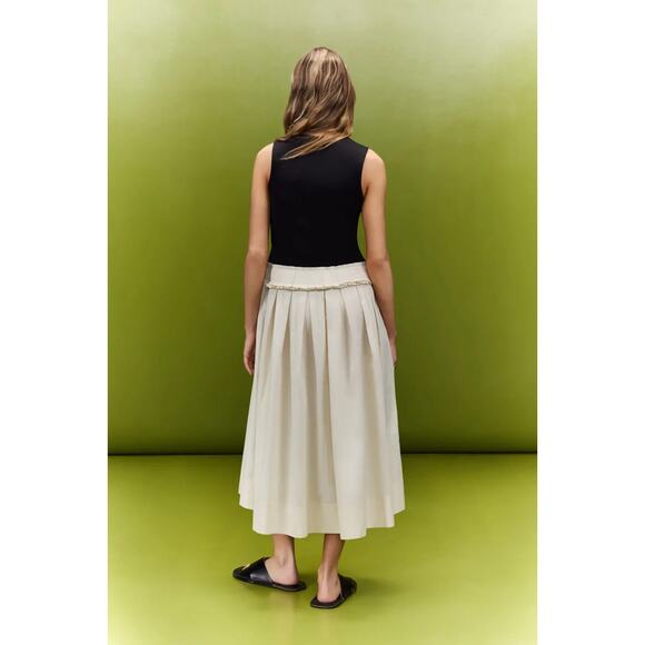 Plan C x RTR Knit Poplin Two Tone Pleated Midi Dress Sleeveless Black Beige Sz 8 - Picture 3 of 12